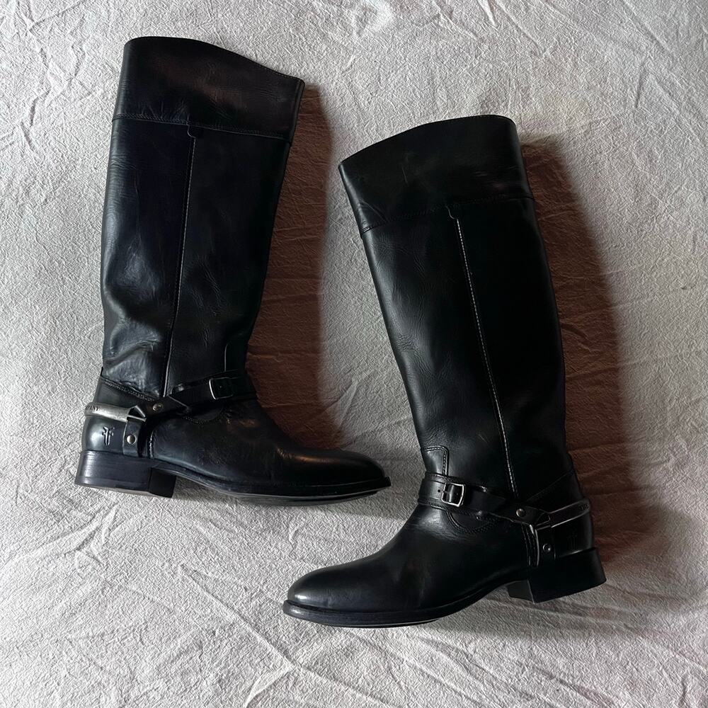 Frye Lindsay Spur Black Leather Tall Riding Boots NIB Size 9
